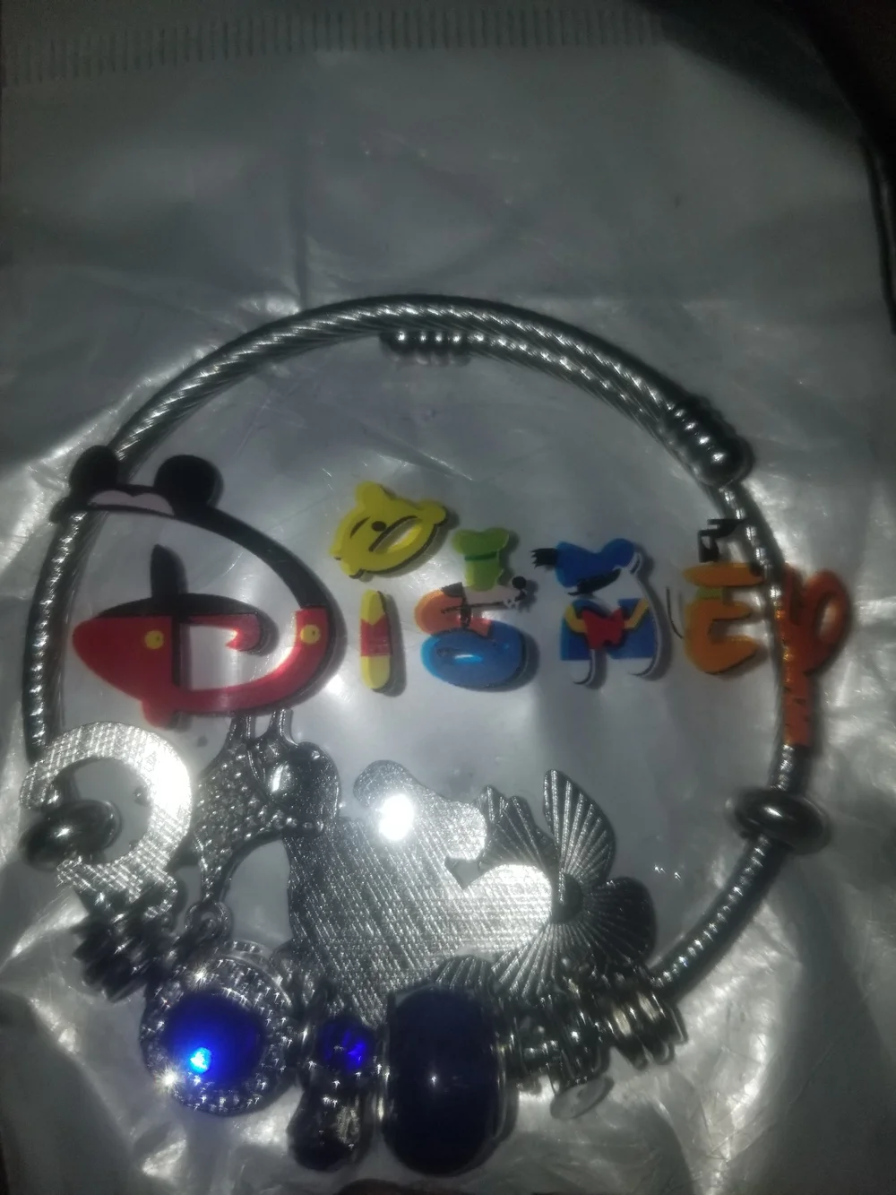 Disney Silver and Blue Stitch Charm Bracelet with Pink Accents